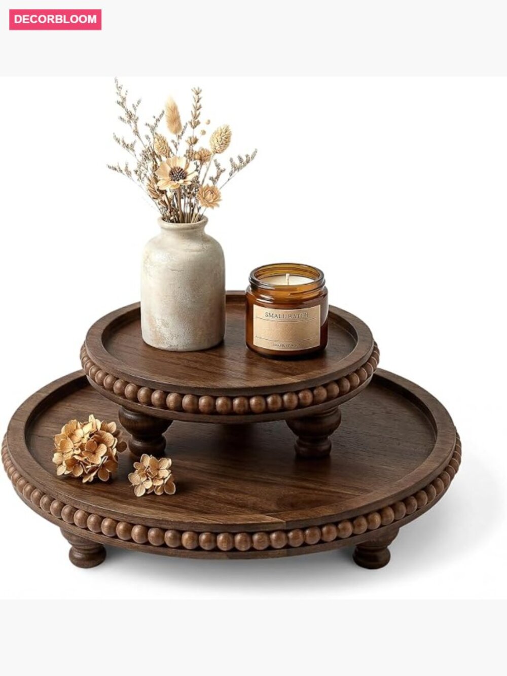 Set of 2 Acacia Wood Round Risers with Beaded Edge for Home Decor